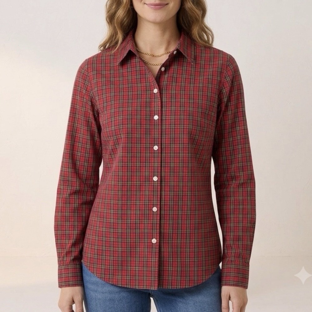 LL Bean Pink Plaid Long Sleeve Pinpoint Oxford Button Shirt MEDIUM